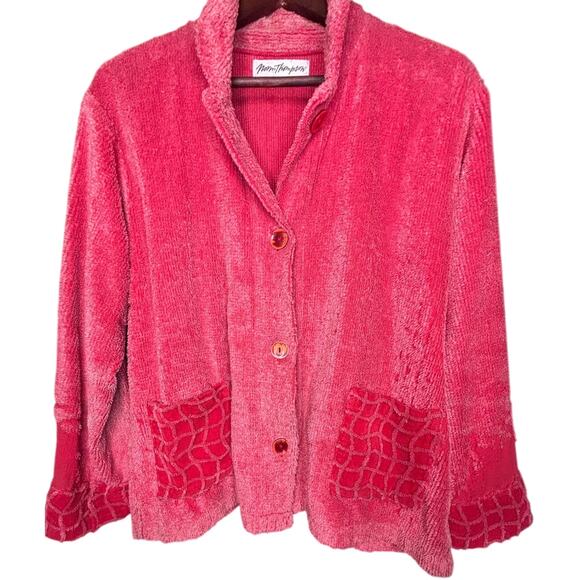 Vtg Norm Thompson Chenille Cardigan Pink/Red Unique Patterned Pockets & Sleeves - Picture 2 of 16
